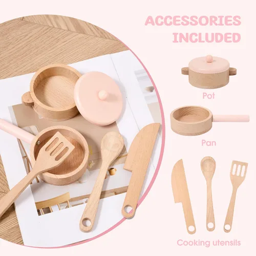 Miniatura 6 de Cocina de juego de madera para niños a partir de 3 años, cocina de juguete de simulación con luces y sonidos reales, estufa, fregadero, microondas