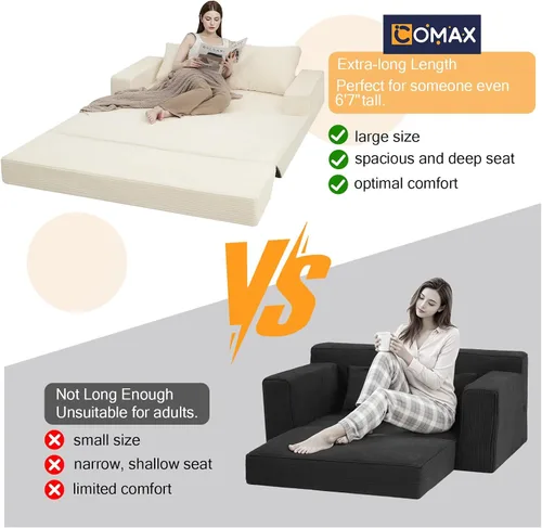Miniatura 3 de COMAX Sofá Cama Convertible Queen, Sofá de Piso Plegable de Pana Sofá Cama Extraíble Futón Sleeper con Almohadas, Sofá Plegable Sin Estructura