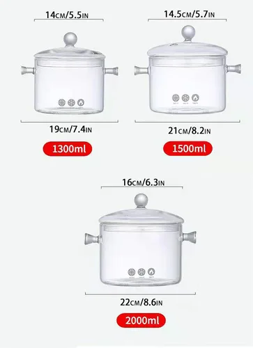 Miniatura 5 de Olla de vidrio transparente para estufa, sartén de doble asa con tapa para fideos de pasta, sopa, leche, preparación de alimentos para bebés o Ámbar