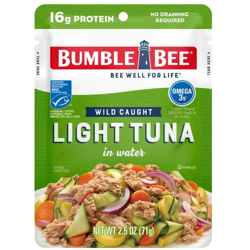Bumble Bee Chunk Light Atún en agua, bolsa de 2.5 onzas, listo para comer, paquete de atún capturado en la naturaleza, 0.56 oz de proteína por