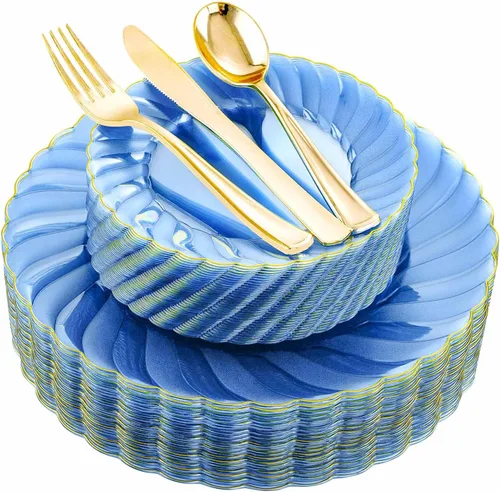 Miniatura 10 de YOUBET 125 platos de plástico blanco con borde dorado, platos dorados desechables con cubiertos dorados, incluyen 25 platos llanos, 25 platos
