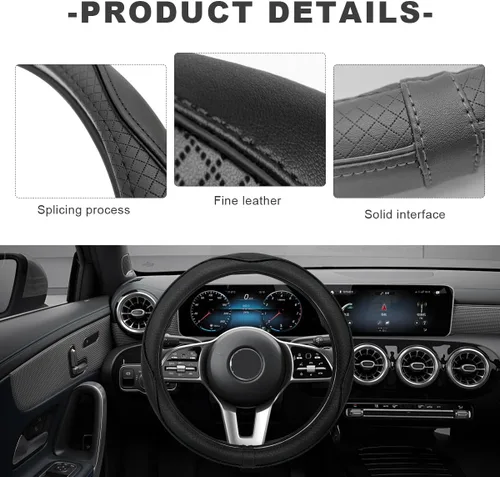 Miniatura 4 de Funda para volante de automóvil, 15 pulgadas, antideslizante, de cuero transpirable, protector de volante suave envolvente completo para hombres
