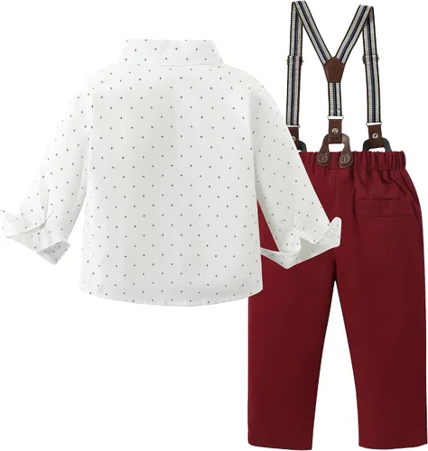 Miniatura 8 de DISAUR Ropa para bebé niño, camisa de vestir con corbatín y pantalones de tirantes, conjuntos de traje de caballero para boda de 1 a 6 años
