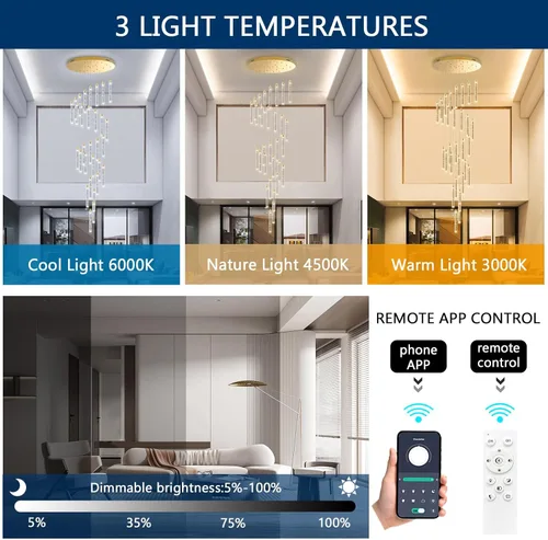 Miniatura 3 de Moderno candelabro LED de 30 luces para sala de estar, comedor y entrada, lámpara colgante dorada de cristal espiral regulable Dorado