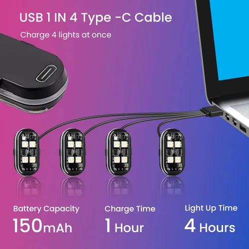 Miniatura 4 de 4 piezas de luces estroboscópicas LED inalámbricas para automóvil, luz intermitente recargable USB tipo C, luces estroboscópicas con control remoto