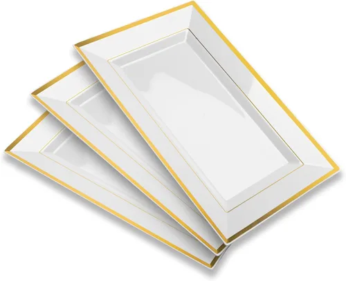 Miniatura 11 de Elegante juego de bandejas y platos de plástico (6 unidades) - Bandejas y platos desechables con borde blanco y dorado para alimentos - Bodas