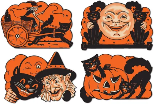 Beistle Paquete de 4 recortes vintage de Halloween, decoraciones de cartulina de doble cara con diseños retro de luna, bruja, gato negro y calabaza