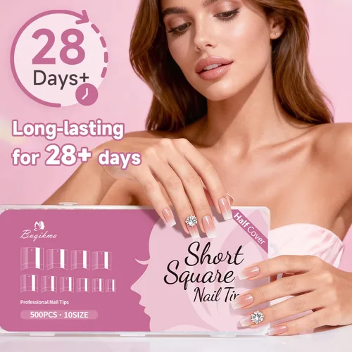 Miniatura 10 de Buqikma 500 puntas de uñas cortas para uñas acrílicas, puntas artificiales cortas transparentes para manicura con caja (caja rosa con puntas)