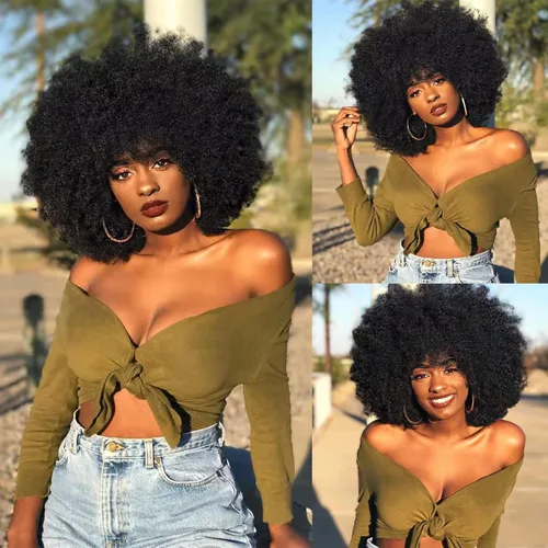 ANNISOUL Pelucas Afro para Mujeres Negras, Peluca Afro Corta y Rizada, Peluca Rizada Tipo Afro de 70s, Peluca Voluminosa y Esponjosa Premium Negro