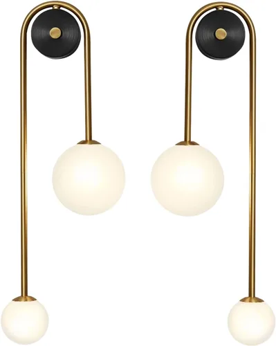 Miniatura 10 de Lámpara de pared moderna de mediados de siglo con forma de globo para interiores, 2 luces, color negro y dorado, con vidrio de leche, lámparas