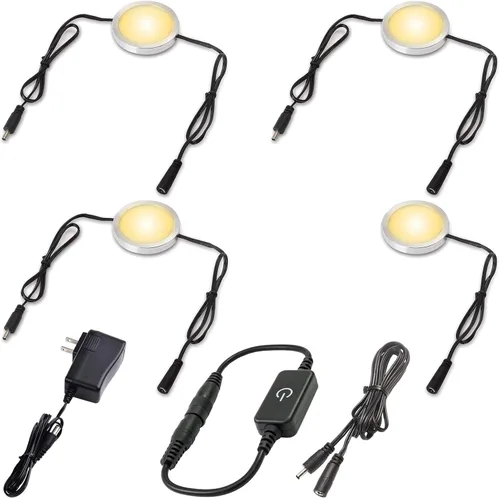Luces LED para estantería, iluminación para debajo del gabinete, tira de luz de disco enlazable con margarita, enchufe eléctrico de 120 V, atenuador