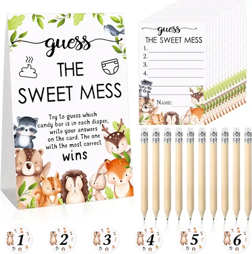 Miniatura 10 de Juego de 67 piezas de pañales sucios de Guess The Sweet Mess para baby shower, incluye letrero de Adivina el dulce lío, 50 tarjetas pequeñas, 10
