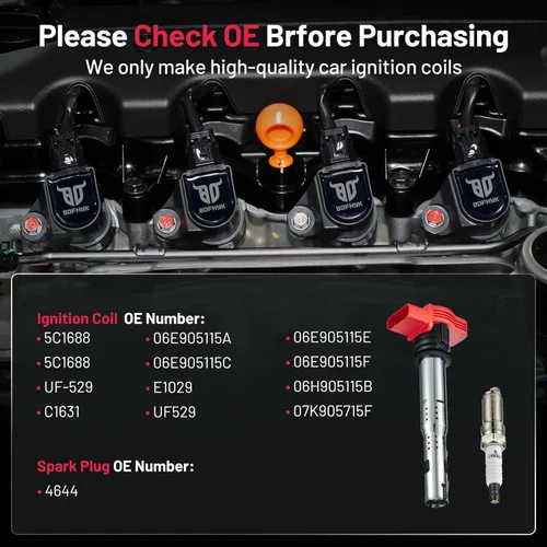Miniatura 3 de BDFHYK Paquete de bobinas de encendido UF529 y bujías de iridio 4644 compatibles con Audi A3 A4 Allroad Quattro A5 Quattro Q5 TT Quattro Volkswagen