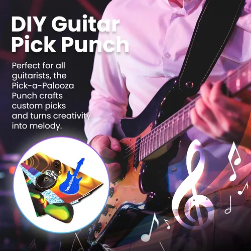 Miniatura 2 de Pack de regalo Pick-a-Palooza DIY para punzón de púa de guitarra - Fabricante de púas premium con llavero de cuero, 4 tiras y una lima - Negro