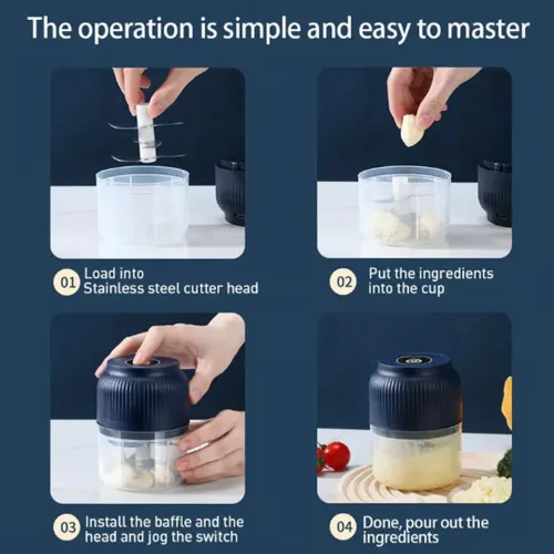 Miniatura 7 de Picadora eléctrica de ajo de capacidad de 10.1 fl oz, mini cortador de verduras portátil, 4 cuchillas afiladas de acero inoxidable, mini picadora