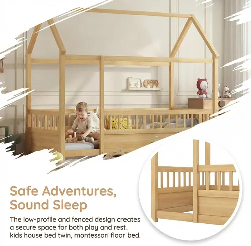 Miniatura 3 de Bellemave Cama individual para niños con marco de techo de casa y valla de seguridad, cama Montessori de madera, cama de perfil bajo para niños