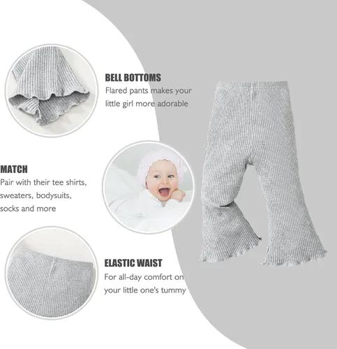 Miniatura 4 de SOBOWO Pantalones acampanados para bebé, paquete de 3 unidades para niña pequeña, color liso, acanalado, con volantes, pantalones acampanados