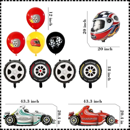 Miniatura 3 de Decoraciones de fiesta de cumpleaños de coche de carreras, 34 globos de decoración, incluye pancarta, globo, telón de fondo, tela, casco
