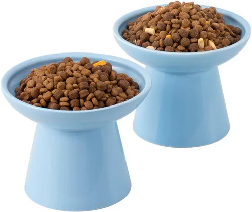 Miniatura 17 de CEEFU 2 cuencos elevados de cerámica para gatos extra anchos para alimentos y agua, plato de comida poco profunda, sin plomo ni cadmio, altura Verde
