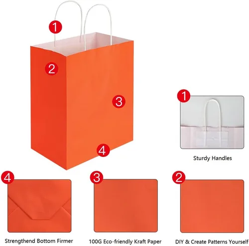 Miniatura 3 de Oikss Paquete de 100 bolsas de papel kraft naranja medianas de 8 x 4.75 x 10 pulgadas con asas a granel para cumpleaños, bodas, fiestas