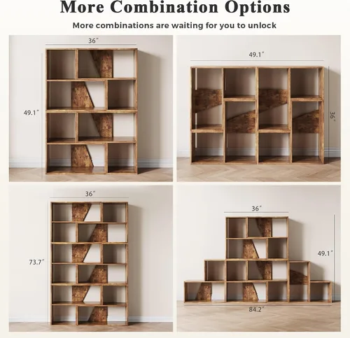 Miniatura 8 de MapleGrace Organizador de almacenamiento de 6 cubos, estantes de almacenamiento de madera con paneles traseros, estantería apilable para sala