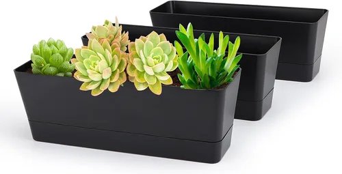 Miniatura 13 de GREANER Maceteros de hierbas de 12 x 3.8 pulgadas, 1 paquete de cajas rectangulares con bandeja, maceta de plástico para suculentas