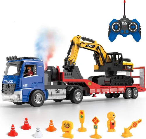 Fistone Juego de juguete de camión semirremolque RC y excavadora de fricción, escala 1:24 con sonido y luces, camión plano de control remoto de 6