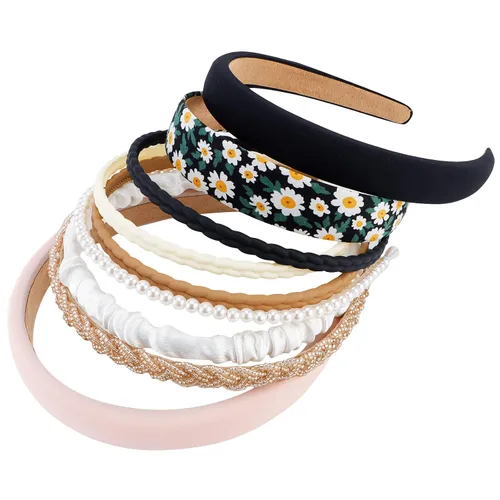 TOBATOBA Juego de 9 diademas de moda para mujeres y niñas, diademas antideslizantes para cabello de mujer, diademas de perlas de flores, colores