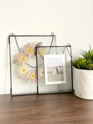 Miniatura 5 de Beedecor Juego de 2 marcos colgantes de vidrio doble para flores prensadas, hojas y obras de arte, marco flotante de metal grande con cadena, marcos