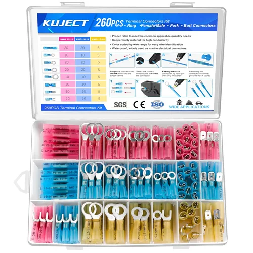 Miniatura 16 de Kuject Kit de 320 conectores de alambre termorretráctil, terminales eléctricos a prueba de agua, conectores de pala aislados para camiones marinos