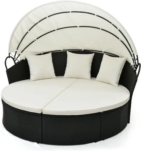 Miniatura 12 de HAPPYGRILL Sofá cama al aire libre con toldo, sofá modular de mimbre de ratán con mesa auxiliar, cojines, juego de conversación de patio para Gris
