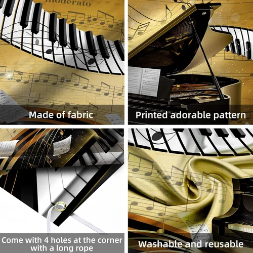 Miniatura 7 de Telón de fondo con tema de piano de 7 x 5 pies, notas musicales doradas, fondo de foto, tema musical, decoración de fiesta de cumpleaños, pancarta