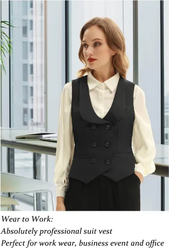 Miniatura 4 de Belle Poque Chaleco de doble botonadura para mujer, chaleco vintage con cuello de solapa y 2 bolsillos