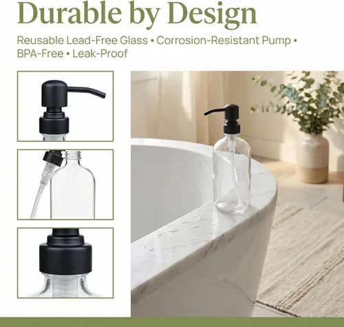 Miniatura 3 de Paquete de 4 dispensadores de jabón de vidrio con bomba de acero inoxidable negro mate, botellas redondas Boston transparentes de 16 onzas