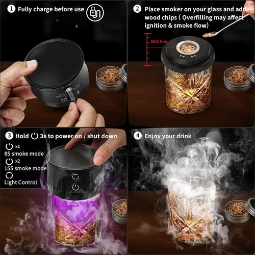Miniatura 5 de Kit de ahumador eléctrico de whisky con luces: infusor de cóctel con 6 fichas de madera para los amantes del whisky bourbon - Kits de ahumador