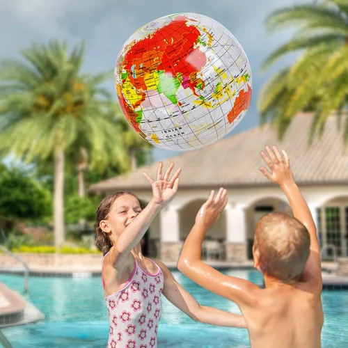 Miniatura 6 de ArtCreativity Juego de 6 bolas inflables de globo del mundo, estampado azul y transparente, mapa de tierra colorido, pelota de playa inflable de 16