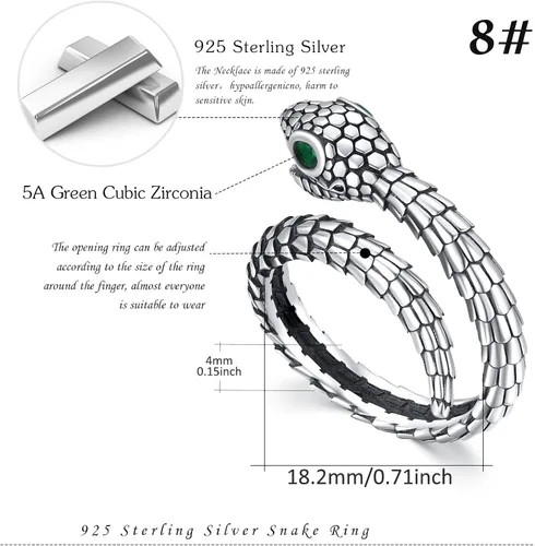 Miniatura 6 de OHAYOO Anillo de plata de ley 925 con diseño de serpiente 3D, ajustable, estilo gótico, estilo punk, retro, personalidad alrededor de serpiente