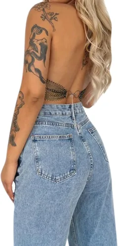 Miniatura 5 de Camiseta corta sin espalda con diamantes de imitación brillantes para mujer, sexy, halter, transparente, para salir por la noche, fiesta, club