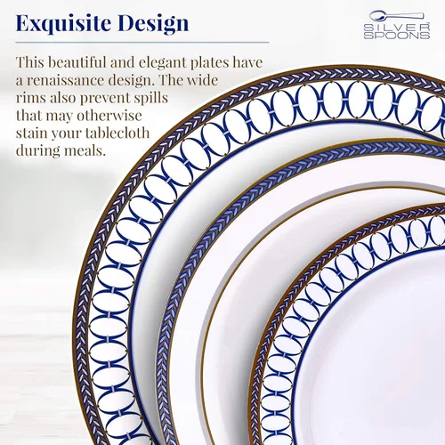 Miniatura 3 de Silver Spoons Juego de vajilla desechable Platos de plástico resistente Elegante aspecto fino de porcelana Incluye: 20 platos llanos, 20