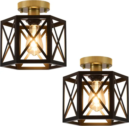 Miniatura 13 de XSDeTu Paquete de 2 Luces de Techo Semiempotradas Estilo Granja, Accesorio de Luz Industrial Negra para Pasillo, Pequeña Jaula de Metal Pegada al