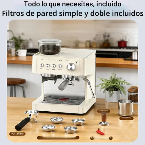 Miniatura 7 de Máquina de café expreso de 15 barras con molinillo de café antiobstrucciones integrado, máquinas de café Expresso con varita de vapor de leche