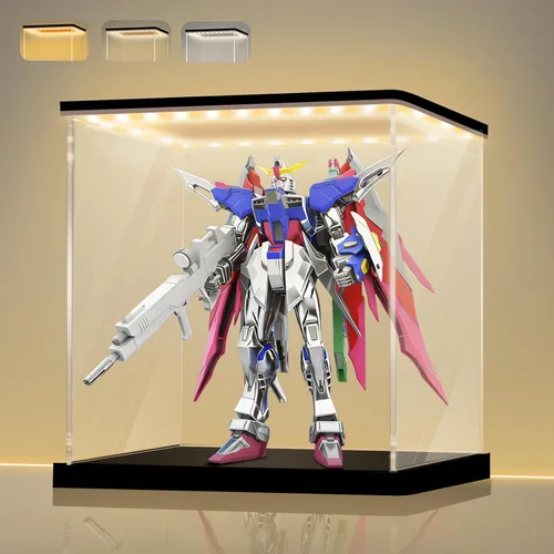 Miniatura 20 de LANSCOERY Vitrina de acrílico con luz LED ajustable amarilla/blanca/cálida, caja transparente de protección UV, vitrina a prueba de polvo
