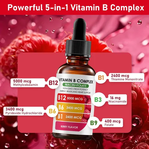 Miniatura 2 de Complejo de vitamina B12 con suplemento líquido de frambuesa B1, B6, vitamina B12, vitamina esencial 5 en 1 complejo de vitamina B, función