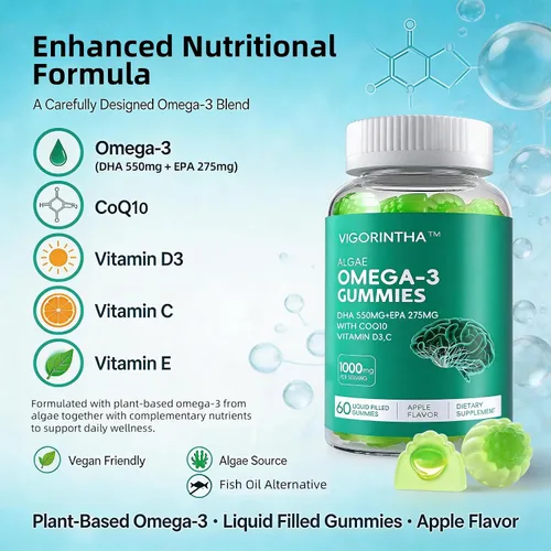 Miniatura 7 de Suplemento de aceite de algas omega-3 vegano con DHA 300 mg y EPA 150 mg, Omega-3 a base de plantas con vitamina D3 y K2, cápsulas blandas de aceite