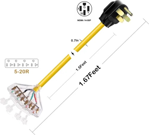 Miniatura 2 de Adaptador de 50 amperios a 20 amperios 110 Distribución RV NEMA 14-50P 4 clavijas macho a 4X 5-20R enchufe doméstico hembra con tapas de protección
