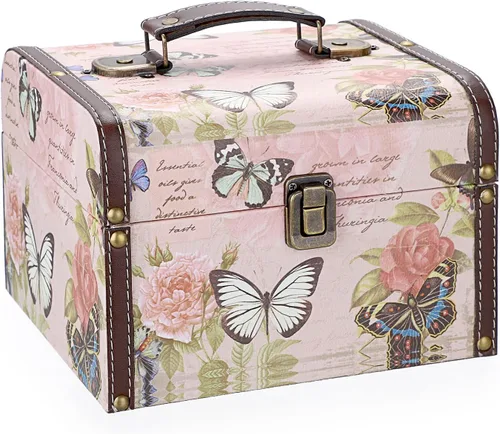 Miniatura 10 de ELLDOO Caja Decorativa de Cofre del Tesoro, Caja de Almacenamiento de Madera + Cuero PU para Joyas y Baratijas, Caja de Recuerdos para Mujeres