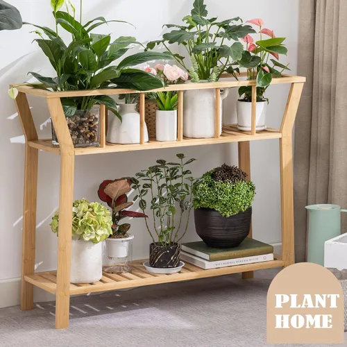 Miniatura 4 de Nnewvante Soporte de bambú para plantas de interior de 37.4 x 11 pulgadas, 2 niveles de alto, estante organizador de macetas, mesa de entrada