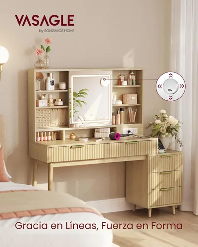 Miniatura 2 de VASAGLE Colección MAXE - Escritorio de tocador con espejo deslizante y luces, tocador de maquillaje estilo Mid Century Modern estriado con espejo