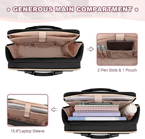 Miniatura 5 de Bolso para profesora con organizador de archivos de acordeón, maletín para laptop de 39.6 cm para mujeres, profesora, tutora, enfermera y Negro