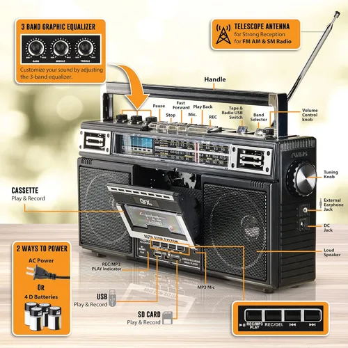 Miniatura 3 de QFX J-220BT Boombox MP3 Conversión de radio a casete con radio de 4 bandas (AM, FM, SW1, SW2) con Bluetooth, batería recargable, altavoces duales